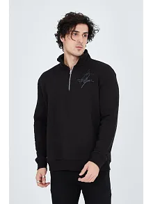 Erkek Yarım Fermuarlı Baskılı 3  İplik Pamuklu Sweatshirt - Siyah