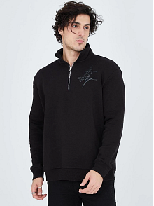 Erkek Yarım Fermuarlı Baskılı 3  İplik Pamuklu Sweatshirt - Siyah