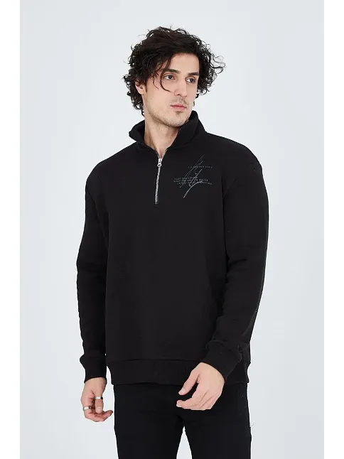 Erkek Yarım Fermuarlı Baskılı 3  İplik Pamuklu Sweatshirt - Siyah