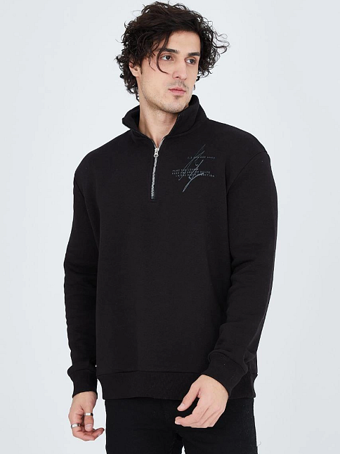 Erkek Yarım Fermuarlı Baskılı 3  İplik Pamuklu Sweatshirt - Siyah