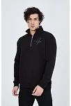 Erkek Yarım Fermuarlı Baskılı 3  İplik Pamuklu Sweatshirt - Siyah