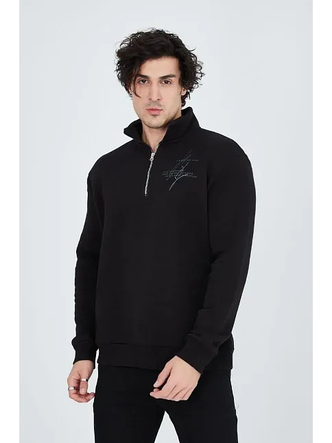 Erkek Yarım Fermuarlı Baskılı 3  İplik Pamuklu Sweatshirt - Siyah
