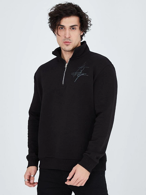 Erkek Yarım Fermuarlı Baskılı 3  İplik Pamuklu Sweatshirt - Siyah