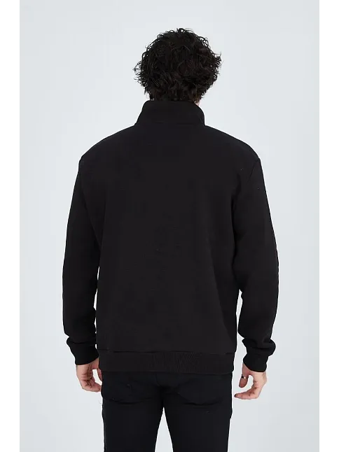 Erkek Yarım Fermuarlı Baskılı 3  İplik Pamuklu Sweatshirt - Siyah