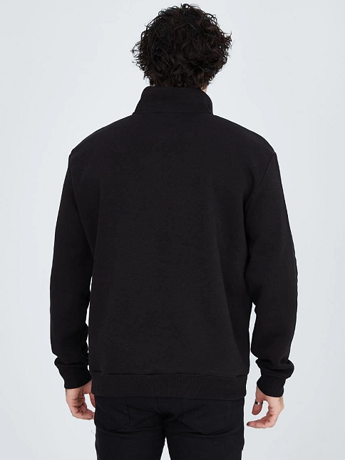 Erkek Yarım Fermuarlı Baskılı 3  İplik Pamuklu Sweatshirt - Siyah
