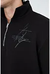 Erkek Yarım Fermuarlı Baskılı 3  İplik Pamuklu Sweatshirt - Siyah