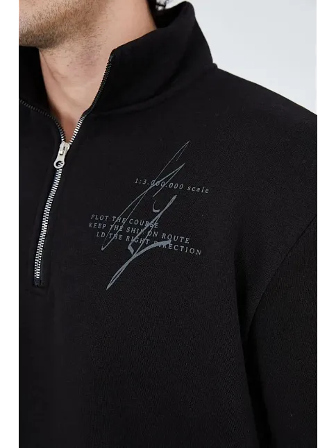 Erkek Yarım Fermuarlı Baskılı 3  İplik Pamuklu Sweatshirt - Siyah