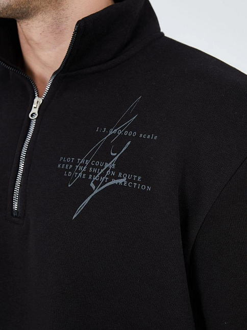 Erkek Yarım Fermuarlı Baskılı 3  İplik Pamuklu Sweatshirt - Siyah