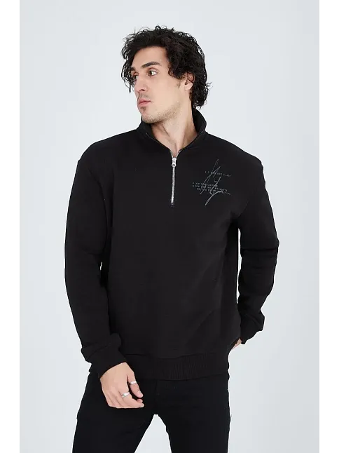 Erkek Yarım Fermuarlı Baskılı 3  İplik Pamuklu Sweatshirt - Siyah