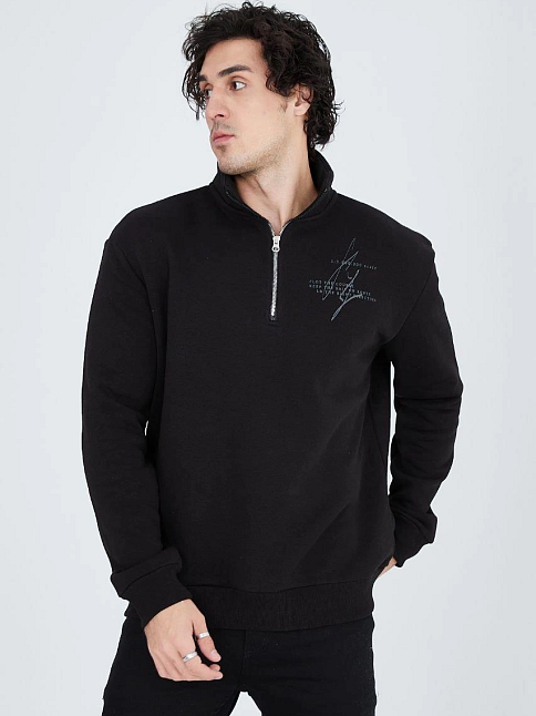 Erkek Yarım Fermuarlı Baskılı 3  İplik Pamuklu Sweatshirt - Siyah