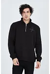 Erkek Yarım Fermuarlı Baskılı 3  İplik Pamuklu Sweatshirt - Siyah