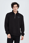 Erkek Yarım Fermuarlı Baskılı 3  İplik Pamuklu Sweatshirt - Siyah
