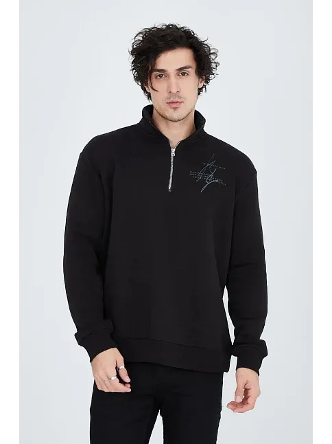 Erkek Yarım Fermuarlı Baskılı 3  İplik Pamuklu Sweatshirt - Siyah