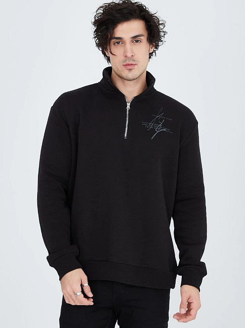 Erkek Yarım Fermuarlı Baskılı 3  İplik Pamuklu Sweatshirt - Siyah