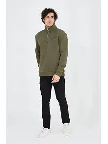 Erkek Yarım Fermuarlı Baskılı 3 İplik Pamuklu Sweatshirt - Yeşil