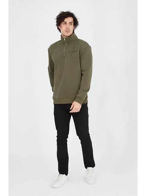 Erkek Yarım Fermuarlı Baskılı 3 İplik Pamuklu Sweatshirt - Yeşil