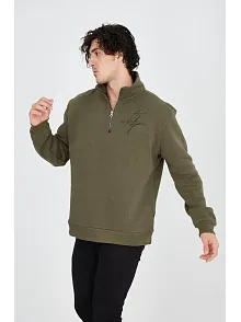 Erkek Yarım Fermuarlı Baskılı 3 İplik Pamuklu Sweatshirt - Yeşil