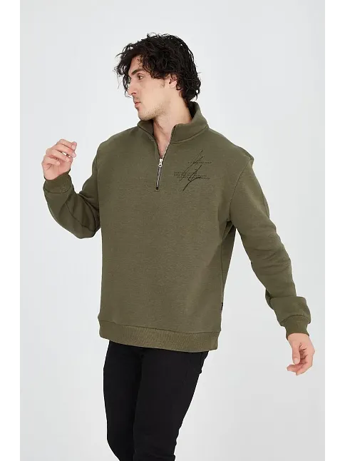 Erkek Yarım Fermuarlı Baskılı 3 İplik Pamuklu Sweatshirt - Yeşil