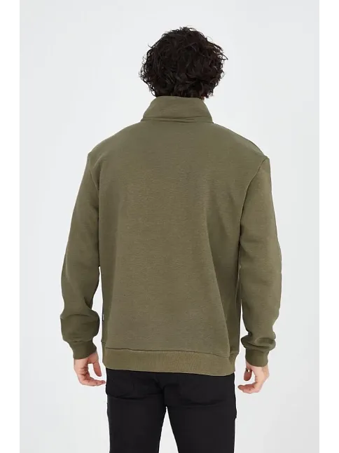 Erkek Yarım Fermuarlı Baskılı 3 İplik Pamuklu Sweatshirt - Yeşil