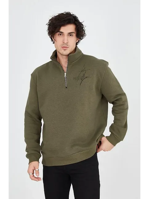 Erkek Yarım Fermuarlı Baskılı 3 İplik Pamuklu Sweatshirt - Yeşil