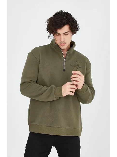 Erkek Yarım Fermuarlı Baskılı 3 İplik Pamuklu Sweatshirt - Yeşil