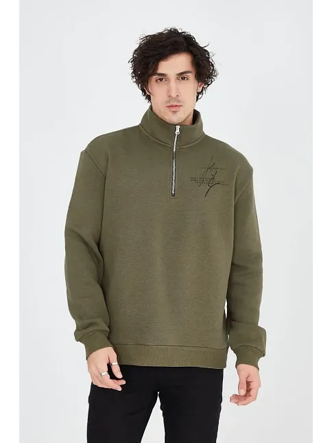 Erkek Yarım Fermuarlı Baskılı 3 İplik Pamuklu Sweatshirt - Yeşil