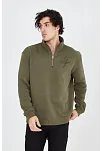 Erkek Yarım Fermuarlı Baskılı 3 İplik Pamuklu Sweatshirt - Yeşil