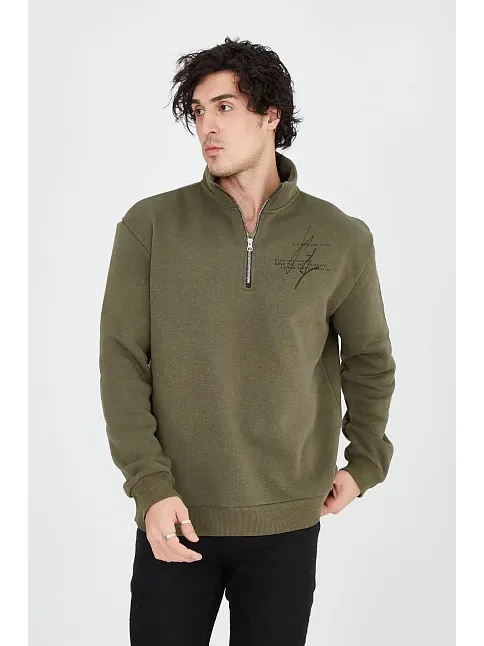 Erkek Yarım Fermuarlı Baskılı 3 İplik Pamuklu Sweatshirt - Yeşil
