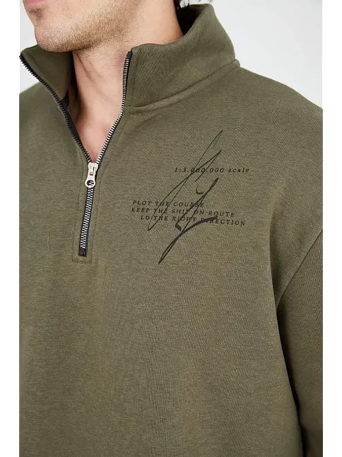 Erkek Yarım Fermuarlı Baskılı 3 İplik Pamuklu Sweatshirt - Yeşil