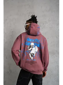 Erkek 3 İplik Pamuklu Kapüşonlu Baskılı Cepli Sweatshirt Hoodie - Gül Kurusu