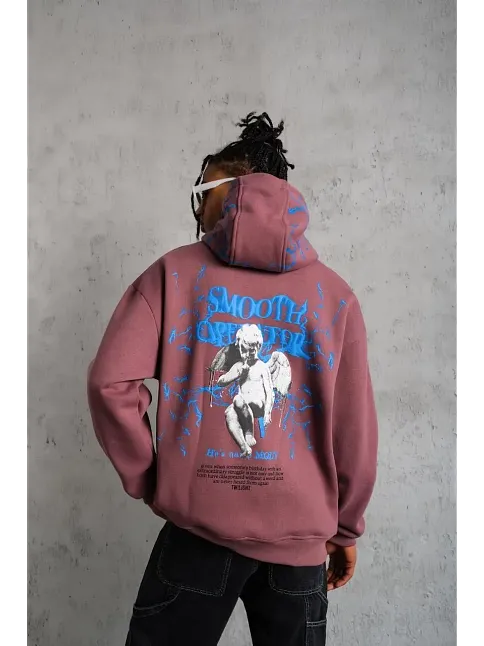 Erkek 3 İplik Pamuklu Kapüşonlu Baskılı Cepli Sweatshirt Hoodie - Gül Kurusu
