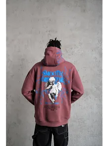 Erkek 3 İplik Pamuklu Kapüşonlu Baskılı Cepli Sweatshirt Hoodie - Gül Kurusu