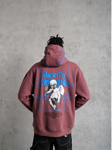 Erkek 3 İplik Pamuklu Kapüşonlu Baskılı Cepli Sweatshirt Hoodie - Gül Kurusu