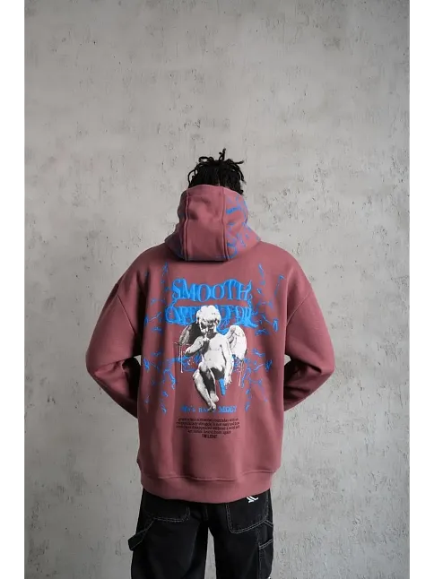 Erkek 3 İplik Pamuklu Kapüşonlu Baskılı Cepli Sweatshirt Hoodie - Gül Kurusu