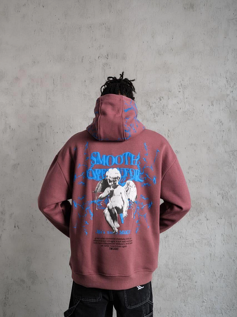 Erkek 3 İplik Pamuklu Kapüşonlu Baskılı Cepli Sweatshirt Hoodie - Gül Kurusu