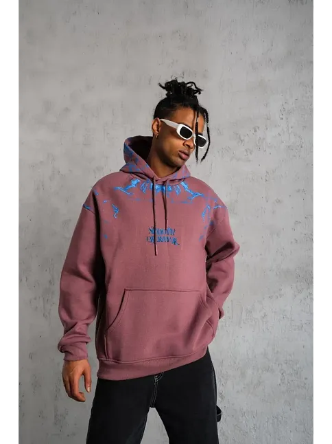 Erkek 3 İplik Pamuklu Kapüşonlu Baskılı Cepli Sweatshirt Hoodie - Gül Kurusu