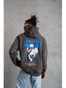 Erkek 3 İplik Pamuklu Kapüşonlu Baskılı Cepli Oversize Sweatshirt Hoodie - Gri