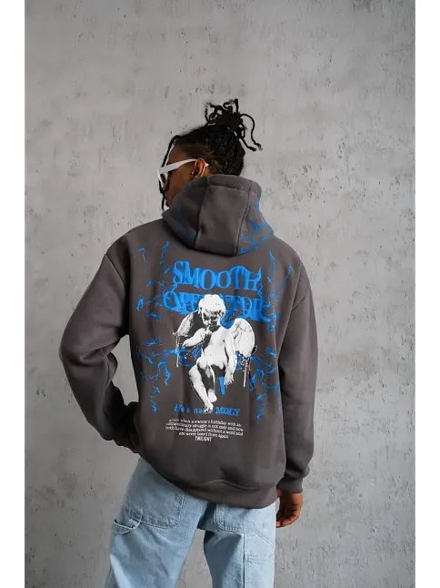 Erkek 3 İplik Pamuklu Kapüşonlu Baskılı Cepli Oversize Sweatshirt Hoodie - Gri