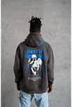 Erkek 3 İplik Pamuklu Kapüşonlu Baskılı Cepli Oversize Sweatshirt Hoodie - Gri