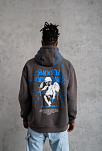 Erkek 3 İplik Pamuklu Kapüşonlu Baskılı Cepli Oversize Sweatshirt Hoodie - Gri