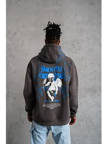 Erkek 3 İplik Pamuklu Kapüşonlu Baskılı Cepli Oversize Sweatshirt Hoodie - Gri