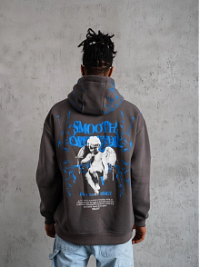 Erkek 3 İplik Pamuklu Kapüşonlu Baskılı Cepli Oversize Sweatshirt Hoodie - Gri
