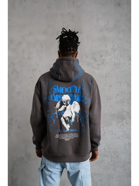 Erkek 3 İplik Pamuklu Kapüşonlu Baskılı Cepli Oversize Sweatshirt Hoodie - Gri