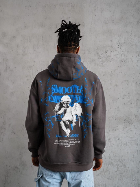 Erkek 3 İplik Pamuklu Kapüşonlu Baskılı Cepli Oversize Sweatshirt Hoodie - Gri