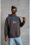 Erkek 3 İplik Pamuklu Kapüşonlu Baskılı Cepli Oversize Sweatshirt Hoodie - Gri