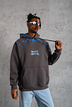 Erkek 3 İplik Pamuklu Kapüşonlu Baskılı Cepli Oversize Sweatshirt Hoodie - Gri