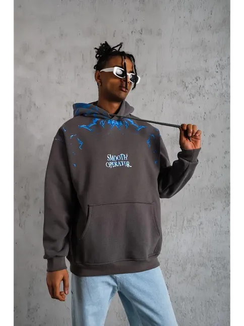 Erkek 3 İplik Pamuklu Kapüşonlu Baskılı Cepli Oversize Sweatshirt Hoodie - Gri
