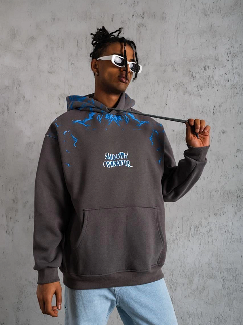 Erkek 3 İplik Pamuklu Kapüşonlu Baskılı Cepli Oversize Sweatshirt Hoodie - Gri