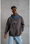 Erkek 3 İplik Pamuklu Kapüşonlu Baskılı Cepli Oversize Sweatshirt Hoodie - Gri