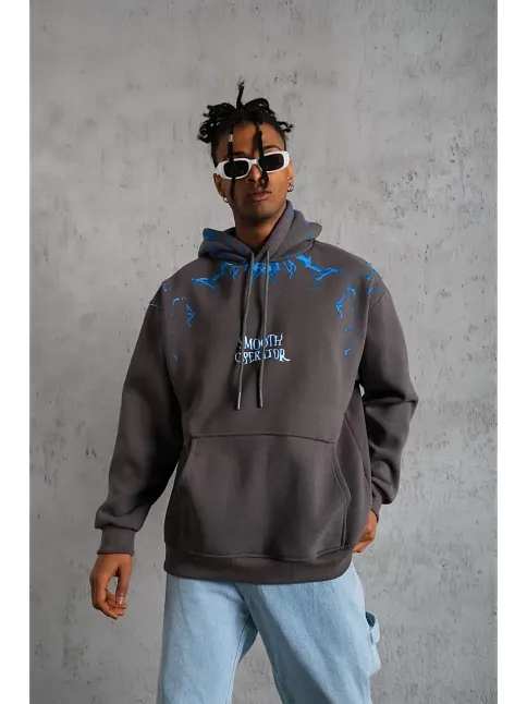 Erkek 3 İplik Pamuklu Kapüşonlu Baskılı Cepli Oversize Sweatshirt Hoodie - Gri